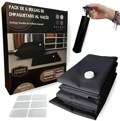 Bolsas al Vacío para Viaje de Tela Oxford con Bomba Manual – Set 6 Uds Reutilizables, Resistentes e Impermeables – Ahorra Espacio en Maleta y Protege tu Ropa – Kuvari Dwelling