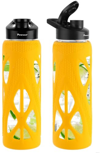 poweco Trinkflasche Glas 700ml [Bruchsicher & Auslaufsicher] - Sportflasche aus Borosilikatglas mit Silikonhülle & Tragegriff - BPA-Frei, Glasflasche für Büro, Yoga & Fitness - Gelb