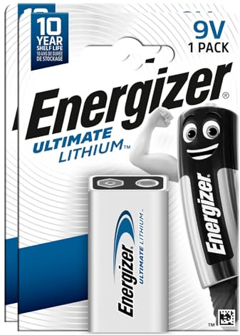 2 Baterías Energizer Ultimate Lithium L6LR61 - Pilas E-Block Transistor 9V de Larga Duración para Detectores de Humo, Afeitadoras, Linternas, Timbres, Consolas de Videojuegos