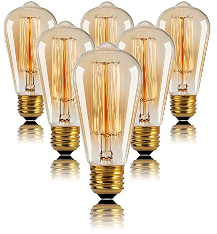 Kellarosses ST64 Incandescent Edison Bulbs 40W 6-Pack, 2200K Warm Amber Glow, E26/E27 Dual Base, Dimmable Vintage Light – 360° Hand-Wound Filament, 2500Hrs Lifespan, Indoor/Outdoor