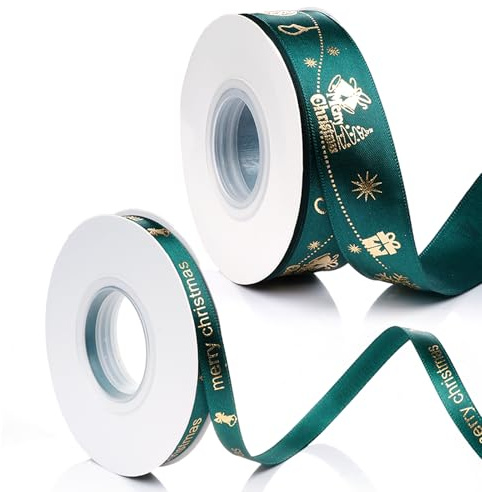 25 Yards Schleifenband Weihnachten, 2 Rollen Geschenkband Weihnachten,2.5&1CM Breite Weihnachtsbänder Dekoband für Geschenkverpackung Weihnachten Dekoration (Grün)