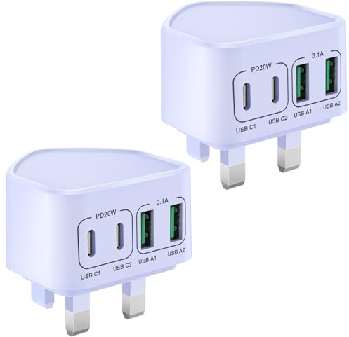 USB C Plug Fast Charge, 2-Pack Mutil USB Plug UK 40W 4-Port Dual Port USB C Power Adapter+ QC Wall Charger Head, Type C Charging Plug for iPhone 17 16 15 14 13 12 11 Pro Max Plus, Samsung, iPad