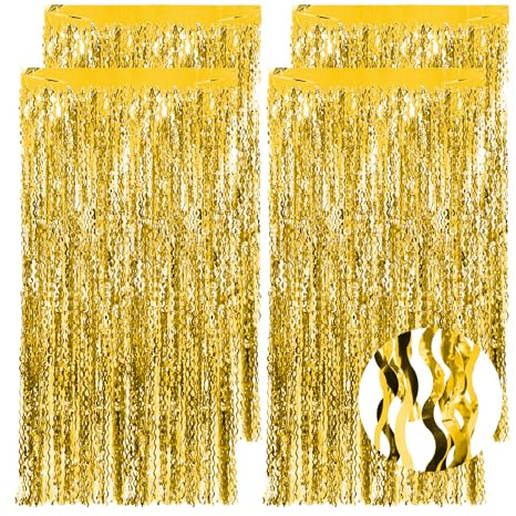 4 Stück Lametta Vorhang Gold, S Form Glitzer Vorhang Geburtstag, Folien Fransen Glitzervorhang, Luftschlangen Party Vorhang für Party Deko Hochzeit Hintergund Fotowand Bühnendekor (1 m x 2 m)