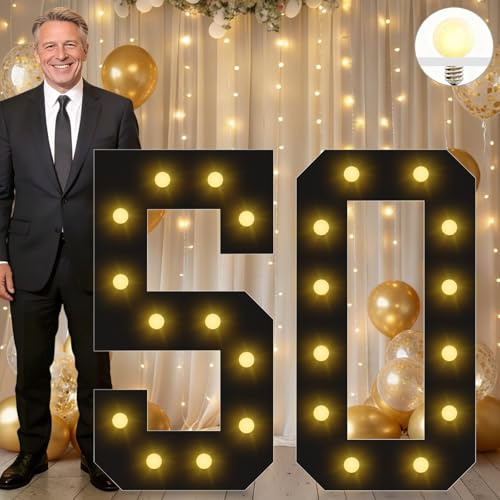 Vimlits Large 4FT Light Up Numbers Birthday Decoration, Black Marquee Number Sign for 50th Party Anniversary Backdrop Wedding Big Mosaic Number Frame Foam Cardboard Pre-cut Number 50
