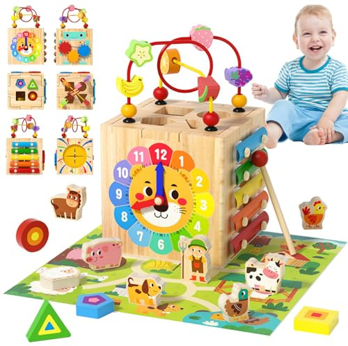 Juguetes de cubo de actividades de madera, 1 juego 6 en 1, cubo de actividades multifuncional para bebés, juguetes sensoriales educativos y de aprendizaje para niños para vacaciones y cumpleaños