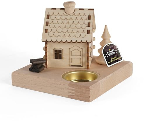 Saico - Räucherhaus als Kerzenhalter für 1 Teelicht - Holzhaus mit Räucherfunktion - Räucherhäuschen für Kerze & Räucherkerze - Erzgebirge Holzkunst Weihnachten - 11,5 x 10 x 11,5 cm - Made in Germany