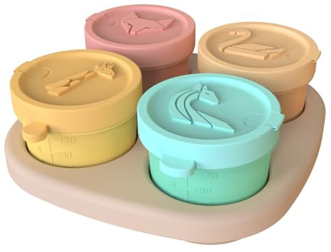 Wozzies Lot de 4 Petit Pot Conservation Bébé, 120ml Pot Bebe repas avec Plateau, Bac a Glacons avec Couvercle Bebe Convient pour Stocker Purée de Fruits, Légumes, Lait Maternel, Micro Ondes Sûr