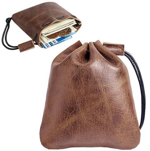 GUOYOU Suave Piel Vacuno con Cordón, Estilo Vintage Bolsa de Almacenamiento | Bolsa de Piel Vacuno con Cordón para Auriculares Monedas Joyas Uso Diario Viajes Actividades (Marrón Claro)