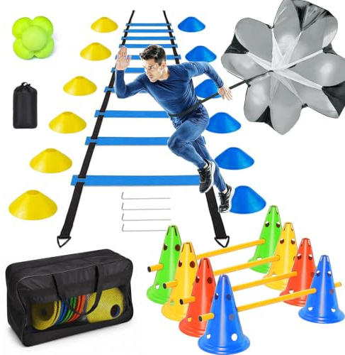 HOTGOSP Accessori per allenamento da calcio, scala di coordinazione da 6 m con 12 coni, 4 ostacoli con 8 coni + 4 barre, palla di reazione, paracadute di resistenza, aste per slalom, set per