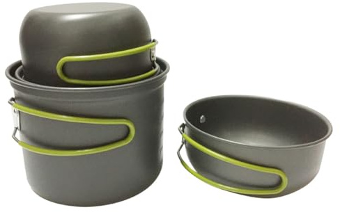 EXAOMBLE Set da 4 Unitá di Pentole da Campeggio in Lega di Alluminio Manico Confortevole e Design Leggero per Cucina da Campeggio e Attività Outdoor