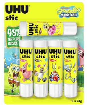 UHU stic, pegamento en barra edición Bob Esponja para la vuelta al cole 2026, pack de 5 × 21 g