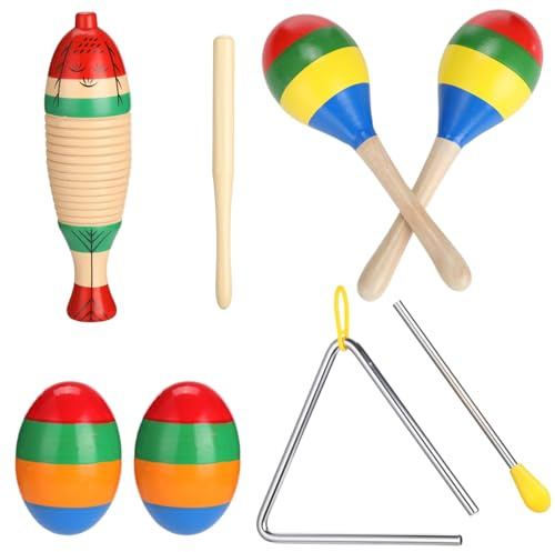 7 Pcs Colorful Wooden and Steel Latin Percussion Instrument Set, 2 Guiros with Mallet, 2 Maracas, 2 Egg Shakers, 1 Triangle with Striker, Rhythmic Musical Instruments for Adults, Beginner