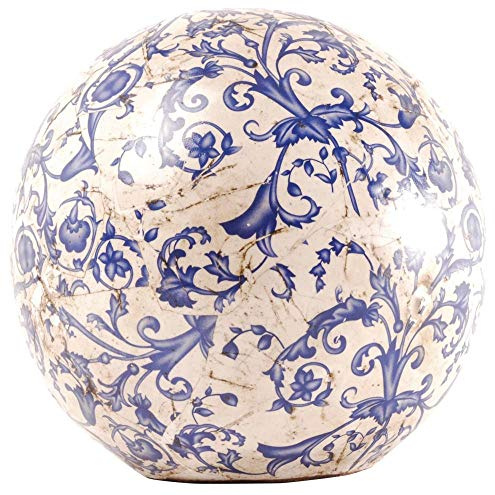 Esschert Design 2 Stück Dekokugel, Gartenkugel aus Keramik in blau-weiß, Größe L, Ø ca. 18 cm