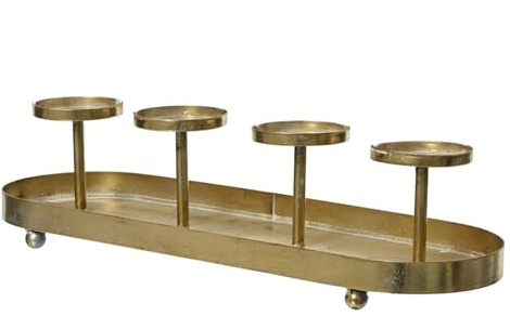 LS-LebenStil Kerzenschale Eisen 48cm Antik Gold Stumpenkerze Kerzenständer Kerzenleiste Adventskerzen Kerzen-Tablett Weihnachten Advent Winter Tisch Dekoration Adventskranz Kerzenhalter