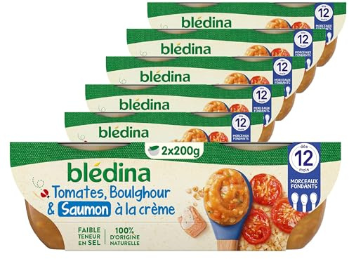 Blédina - Bols - Repas midi bébé - Tomates, Boulghour & Saumon à la crème - Dès 12 mois - Sans sel ajouté - 12x200g