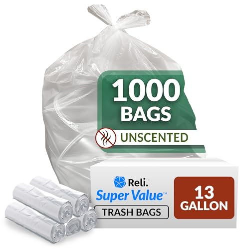 Reli. SuperValue - Bolsas de basura de 13 galones | 1000 unidades a granel | Cocina alta | Bolsas de basura transparentes multiusos