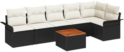Foknhdi Gartensofa Set 7 TLG Schwarz Poly-Rattan 55 x 55 x 37 cm Modular Eckbank mit Stauraum für Balkon Terrasse Outdoor Loungemöbel Modernes Design für kleine Balkone und große Gärten