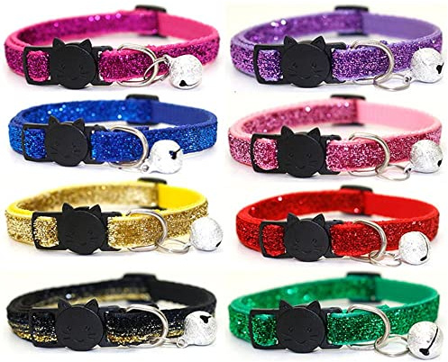 NA 8 collari per gatti a sgancio rapido extra morbidi con campanella glitterata, collare per gatti regolabile da 19 a 32 cm, multicolore