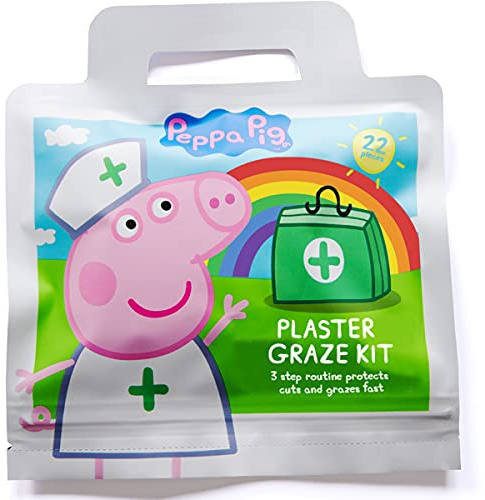 Peppa Pig Childrens Plaster Graze Kit / x22 Units / 6 Wound Wipes / 16 Plasters in 3 Sizes/Latex Free/Hypoallergenic/Wash Proof/Breathable/CE Certified/Resealable Pouch 22 Units