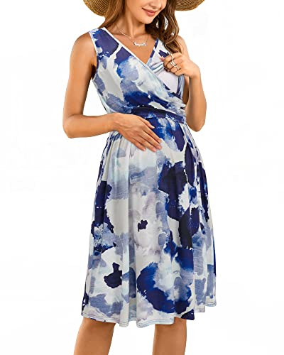 OUGES Abito Estivo Premaman da Donna Abito da Allattamento in Cotone Abiti Primaverili Casual in Gravidanza con Tasche