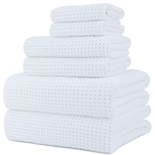 POLYTE 430 GSM Microfiber Quick Dry Lint Free Oversize Bath Towel Set, 6 Piece (Waffle Weave)