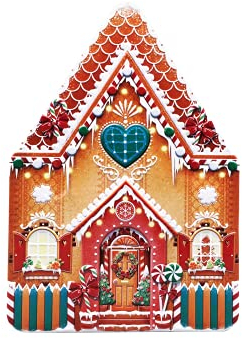 Blechdose Dose in Form eines Lebkuchenhauses verziert mit allerlei Süßigkeiten Keksdose Deko Box Retro sehr groß Aufbewahrung, ca. 30 x 16 x 8 cm, Volumen: 2,5 L