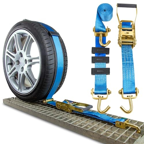 Safetytex Spanngurt Autotransport 4 Stück - 50mm Auto Radsicherung - Zurrgurt mit 3 Distanzhalter - Sicherer Transport von Fahrzeugen - Reifengurt für PKW Trailer KFZ