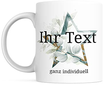 Weihnachtstasse Stern Aquarell personalisiert mit Namen, 330 ml | Tasse mit Aquarell-Stern und Wunschname – für Adventskaffee, Nikolaus und Wichtelgeschenke mit persönlicher Note