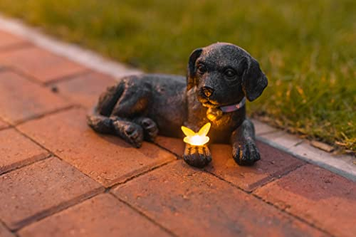 Garden Mile Solar Dog with Butterfly Ornament Outdoor Waterproof Resin Dog Statue Figurine Solar Powered Garden Decoration Animal Sculpture for Patio