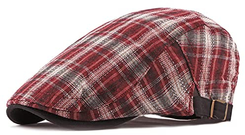 QBQZXAOSOWH Barett Cap Flache Kappe Karierte Baskenmütze Für Männer Und Frauen Dünne Schirmmütze Lässiger Entenschnabel-Sonnenhut Maler Ballonmütze Verstellbar 55 Bis 60 cm Rot