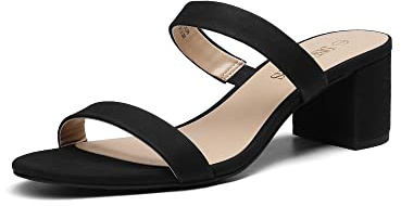 DREAM PAIRS Women's Two Strap Open Toe Low Block Chunky Heels Sandals Dress Pumps Casual Summer Mules Shoes,Size 8,Black-Nubuck,DHS213-1