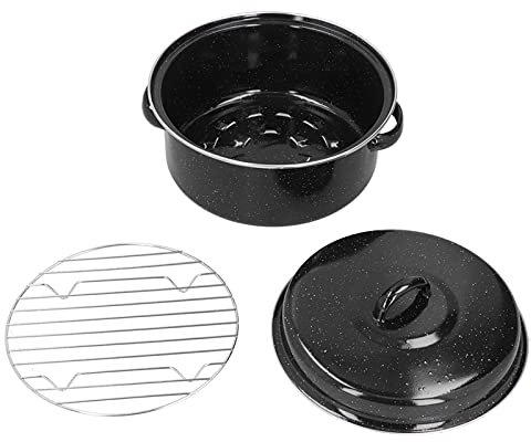 Black Enamel Roaster Pan, Roasting Pan with Lid Round Enamel Roaster Pot Nonstick Turkey Roasting Pan with Grill for Family Barbucue Steak