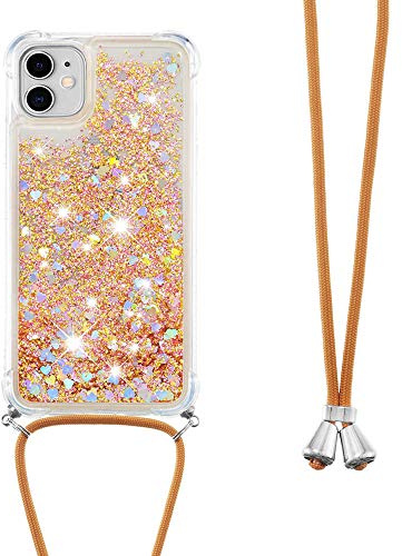 Handykette Handyhülle für iPhone 12 / iPhone 12 Pro Hülle,Glitzer Quicksand kreatives Fließende Flüssigkeit schwimmt Silikon Case mit Umhängeband Handykordel Band Kette für iPhone 12,GS Gold Heart
