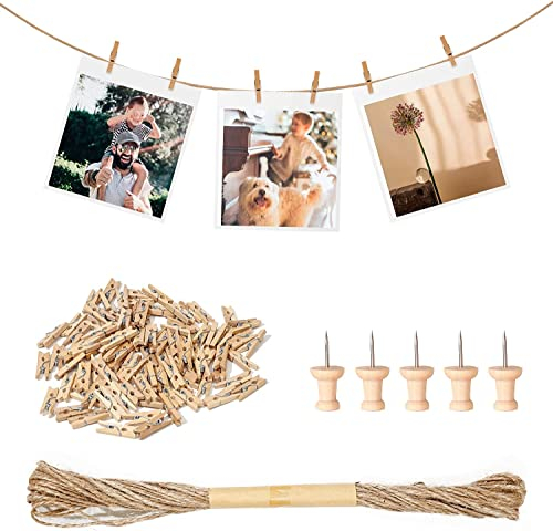 Furuising 150 Mini Mollette in Legno 2.5CM, Naturali Mollettine Piccole Con 10M Corda di Iuta e 5 Borchie per Decorazione Domestica e Artigianale, Visualizzazione di Foto