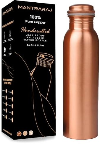 MantraRaj 100% Pure Copper Water Bottle 1 Liter 34 Oz Leak Proof Perfect Ayurvedic Copper Vessel for Sports, Fitness, Yoga, Gym Natural Health Benefits Antique Sports Water Bottle (Plain)
