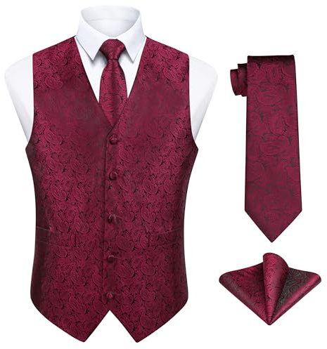 Enlision Herren Weste Rot Paisley Floral Jacquard Weste mit Krawatte und Einstecktuch Taschentuch Weste Anzug Set Hochzeit,XXL