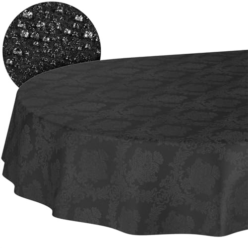 ANRO Nappe enduite Damassé Baroque Noir Ovale 180x140 cm Anti-Taches | lavable à 30 °C – idéale pour jardin, terrasse et salle à manger – linge de table en tissu enduit