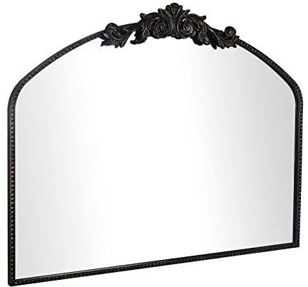 AIXI HOME Vintage svart välvd spegel 91 cm x 79 cm, antik barock mantel väggspegel med svart pensel guld metall utsmyckad ram för entré/brasa/vardagsrum/hall/badrum/sovrum