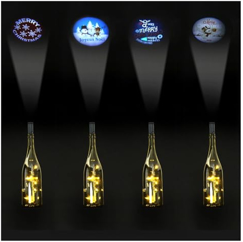 com-four® 4x LED-Flaschenlicht - Korkenlampen mit Weihnachtsprojektion | Batteriebetriebene Motivleuchten für leere Wein- und Sektflaschen [Auswahl variiert]
