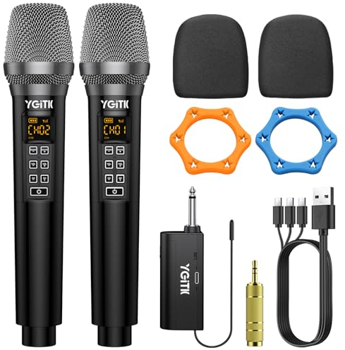 YGiTK Mikrofon Kabellos mit Empfänger UHF Professionelles Dual Drahtloses Mikro System, 2 * 30 Kanälen Handmikrofon mit 6-10 Stunden Laufzeit für Karaoke, Familienfeiern, DJs, Hochzeiten