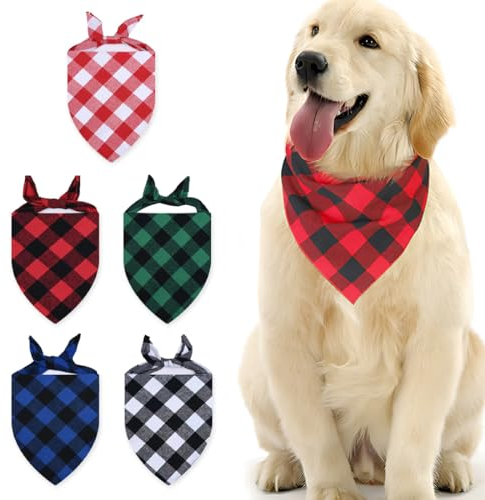 KXUSW Bandana Chien, Foulard Collier Lavable Écharpe Réglable à Carreaux pour Chiot Chat Animal - 5 Pièces