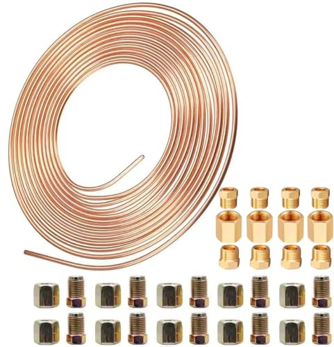AXILYZE Tuyauterie de conduite de frein revêtue de cuivre de 32,8 pieds (10 m), kit de remplacement automobile 3/16 avec 20 écrous de raccordement et assortiment de 12 raccords de conduite de frein