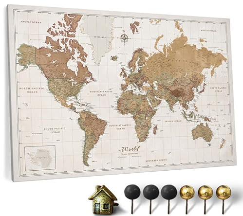 Hochwertige Canvas Weltkarte mit Kork-Pinnwand - Deutsche Beschriftung - Dekorative Wanddeko für alle Zimmer - Leinwandbilder mit Weltkarte Motiv (70x50 cm, Muster 16)