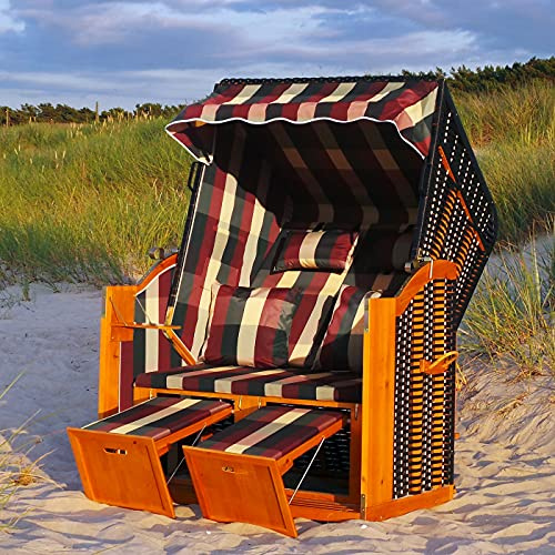 Swing & Harmonie LED - Strandkorb XXL - 118cm inkl. Abdeckcover Luxus Volllieger mit Solarmodul Ostsee Sonneninsel Rattan Möbel Polyrattan (rot/grün/beige - kariert)