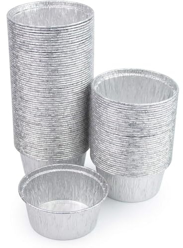 Generico 25/50/100 Vaschette in Alluminio VARIE DIMENSIONI bordo G | Argentate contenitori per Alimenti USA e Getta, teglie in Alluminio per Takeaway (100 coppette stirate 9cm)