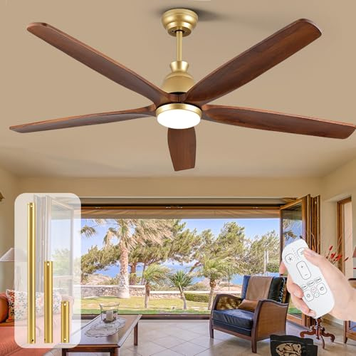 OUENGK Ventilador de Techo con Luz y Mando a Distancia Madera, 132cm, Motor DC Reversible Silencioso, 6 Velocidades, 8H Temporización, Ventilador de Techo Moderno de 5 aspas para Interior y Exterior