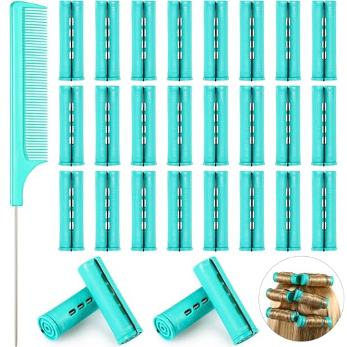 Chuangdi 24 Pcs Hair Perm Rods Plastic Cold Wave Perming Curlers Hair Rollers with Steel Pintail Comb Rat Tail Comb Tools for Hairdressing Styling(Green,0.98 Inches)