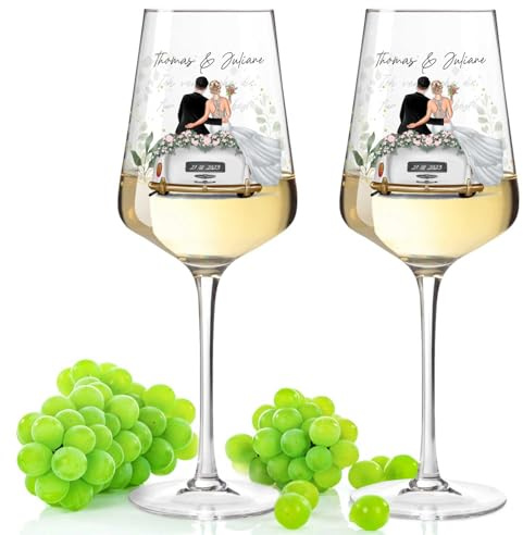 GRAVURZEILE Puccini Verres à vin avec impression UV - Voiture de mariage - Cadeau de mariage personnalisé pour les jeunes mariés - Motif personnalisable - Cadeau de mariage