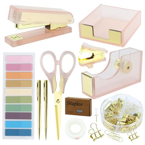 Buqoo Pink Acrylic Sticky Notes Holder Stapler and Tape Dispenser Cutter with Staple Remover, Scissor, Ballpoint Pen, Sticky Notes, Paper Clips Set for School Home N Office Supplies