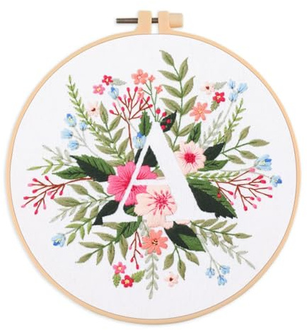 IUHUI Stickset für Anfänger Erwachsene - 26 Blumenbuchstaben Einfache Muster, DIY Handstickerei Stickset mit Rahmen (Blumen- und Grasbuchstabe A)